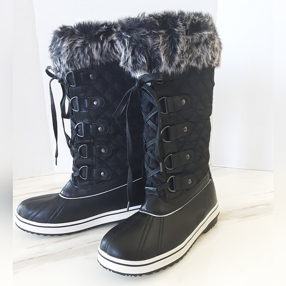 ALEADER Waterproof Thinsulate Black Quilted Fur Trim Mid-Calf Lace-Up Boots Sz 8